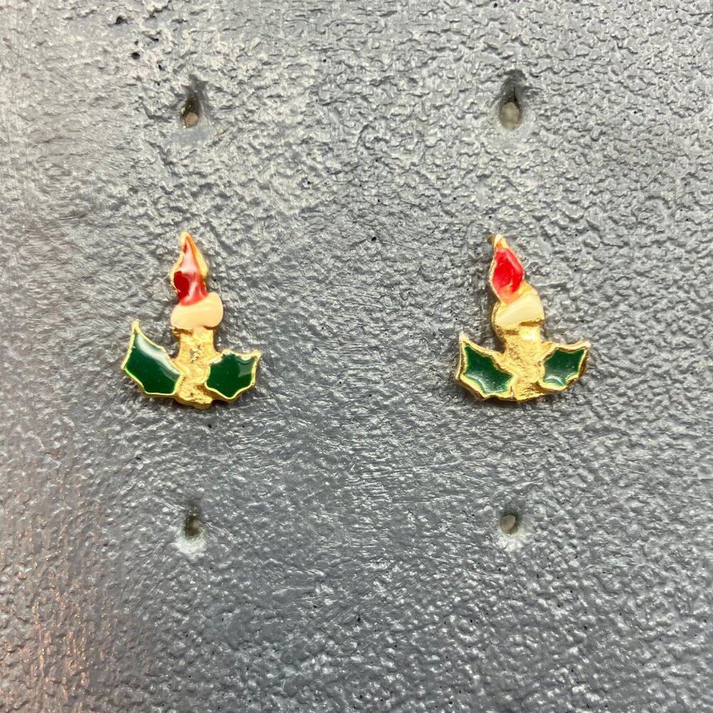 Christmas Candle Stud Earrings Gold Green Holly White Red Flame Retro Vintage